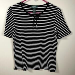 LAUREN‎ RALPH LAUREN Black/White Stripe Lace Up MD Short Sleeve Knit Top Preppy